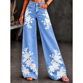 Women's Jean Denim Cotton Blend Wide Leg Elegant Vacation Vintage Full Length Mid Waist Floral Graphic Flower / Floral Drawstring Patchwork Printing Comfy Comf