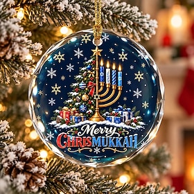 Chrismukkah Ornament, Merry Hanukkah Christmas Tree Menorah Glass Ornament, Blue and Gold Holiday Decoration, Xmas Tree Hanging Decor, Interfaith Family Christ