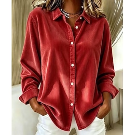 Women's Vintage Daily Corduroy Shirt Texture Patchwork Buttons Solid Color Long Sleeve Shirt Collar Regular Tops Casual Khaki Red Green Dark Blue Grey Fall Win