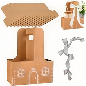 4/8/10 Sets Christmas 2 Cup Holder Gift DIY Gingerbread House Drink Carrier Box Gift with Handle Card Ribbon for Teacher Mom Coworker Staff Neighbor Friend Stu