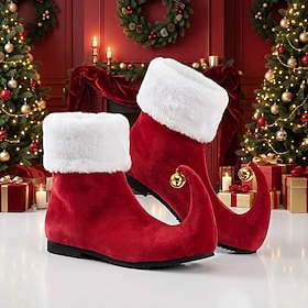 Men's Red Christmas Boots with White Faux Fur Cuff and Festive Holiday Design, Cozy Santa-Inspired Style for Christmas Parties, Holiday Events, Costume Outfits