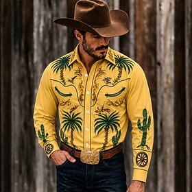Herren Kaktus Hemd Knopfhemd Langarm Vintage Westernstil Alltagskleidung Lässig Sommer Frühling Herbst Umlegekragen Blau Gelb Aprikose