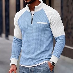 WaffleCraft™ Men's Waffle Polo Shirts Casual Vacation Stand Collar Long Sleeve Fashion Modern Color Block Textured Color Block Buttons Fall Winter Regular Bla