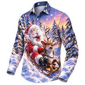 Christmas Men's Santa Claus Button Up Shirt Casual Dress Shirt Long Sleeve Fashion Casual Vacation Dailywear Summer Spring Fall Turndown Collared Shirts Blue B