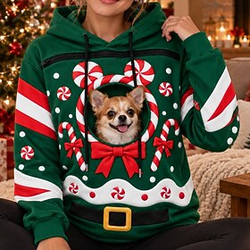Christmas Funny Bonding Pouch Hoodie Pet Lover Gifts Small Pet Carrier Candy Cane Cute Cozy Cat Dog Front Pocket Plus Size for Women's Adults' 3D Print for Ch