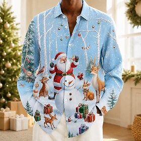 Christmas Men's Elk Snowman Ugly Christmas Shirt Button Up Shirt Casual Dress Shirt Long Sleeve Fashion Casual Vacation Formal Dailywear Summer Spring Turndown