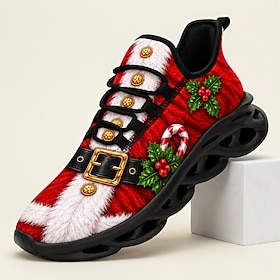 Men's Christmas Sneakers with Santa Claus Suit Print, Candy Cane and Holly Details, Festive Slip-On Style with Sculpted Sole for Christmas Parties, Holiday Eve