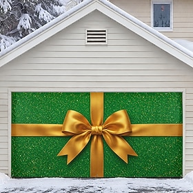Christmas Garage Door Cover, 3D Green Gift Box with Gold Bow Print Garage Door Banner, Elegant Holiday Present Backdrop for Outdoor Christmas Garage Decoration