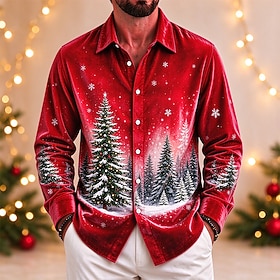Christmas Men's Christmas Tree Button Up Shirt Casual Dress Shirt Long Sleeve Fashion Casual Vacation Dailywear Summer Spring Fall Turndown Velvet Blue Red Pur