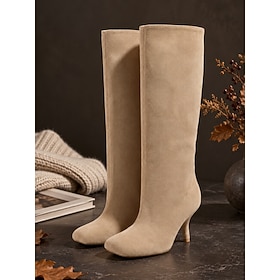 Damen-Kniestiefel in Khaki – elegante, minimalistische Stiefel mit eckiger Spitze und schmalem Kitten-Heel Elegantes Schlupfdesign für Herbst-Winter-Mode, Busi