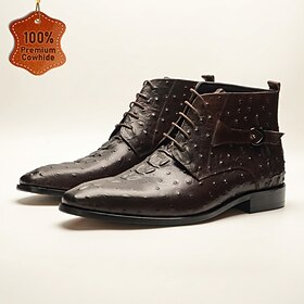 Men's Genuine Leather Black Buckle Ankle Boots Studded Detail Pointed Toe Dress Boots Vintage Rock Style Motorcycle Fashion Boots for Party Concert Festival Ca