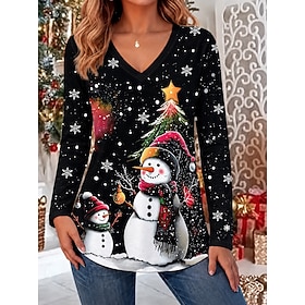 Christmas Women's Blouse Santa Claus Snowman Christmas Tree Fashion Stylish Classic Long Sleeve V Neck Regular Tops Casual Daily Going out Black Spring Fall Wi