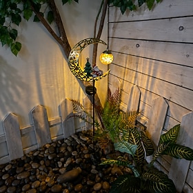 Christmas Solar Garden Stake Lights, Waterproof Outdoor Metal Crescent Moon Lantern with Santa Claus, Snowman  Christmas Tree, Solar Powered Yard Decorations f