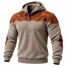 Men's Hoodie Corduroy Pullover Hoodie Sweatshirt Button Up Hoodie Khaki Army Green Green Light Grey Light Blue Hooded Plain Patchwork Color Block Textured Casu