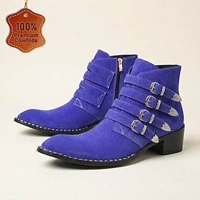 Men's Premium Genuine Leather Western Cowboy Ankle Boots Purple Blue Multi Buckle Straps Pointed Toe Side Zipper Block Heel Vintage Biker Style Boots for Parti