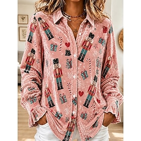Christmas Women's Velvet Shirt Graphic Christmas Tree Elegant Vintage Stylish Long Sleeve Shirt Collar Regular Tops Casual Daily Work Black Pink Green Winter S