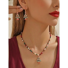 Women's Christmas Tree Jewelry Set, Colorful Acrylic Beaded Necklace and Matching Alloy Drop Earrings, Festive Holiday Accessories for Christmas Parties, Famil