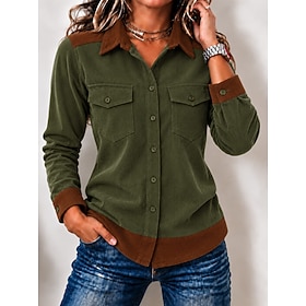 Women's 100% Cotton Corduroy Shirt Color Block Plain Vintage Fashion Stylish Long Sleeve Regular Tops Casual Beach Red Green Grey Spring Fall Winter