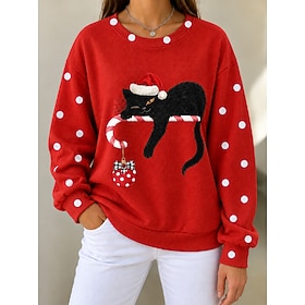 Women's Sweatshirts Animal Polka Dot Cat Active Fashion Modern Long Sleeve Crew Neck Regular Tops Casual Home Street Blue Black Red Green Spring Fall Winter