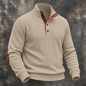 Men's Jacquard Sweatshirt Pullover Hoodie Sweatshirt Pullover Button Up Hoodie White Khaki Black Navy Blue Gray Standing Collar Plain Patchwork Textured Casual