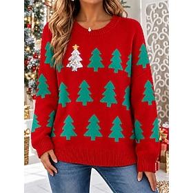 Women's Christmas Sweater Fair Isle Sweater Pullover Sweater Jumper Fashion Cute Casual Christmas Tree Crew Neck Sequins Patchwork Long Sleeve Regular Tops Kni