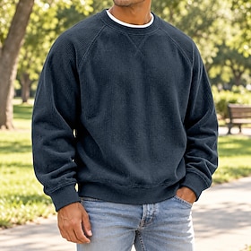 Men's Sweatshirt Corduroy Pullover Hoodie Sweatshirt Pullover White Khaki Black Light Green Army Green Crew Neck Plain Patchwork Casual Daily Sports  Outdoor S