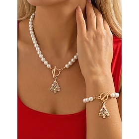 Women's Christmas Faux Pearl Necklace  Bracelet Set, Alloy Christmas Tree Snowflake Bell Charm Jewelry, Multi-Style Holiday Jewelry Set for Party, Dinner, Wedd