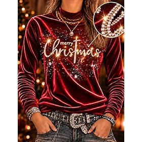 Christmas Women's Velvet Tunic Tee Print Rhinestone Ombre Graphic Santa Claus Elegant Vintage Fashion Long Sleeve Turtleneck High Neck Regular Tops Casual Dail