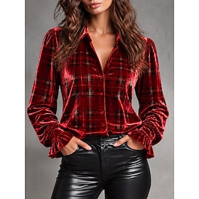 New Year Women's Velvet Shirt Floral Graphic Plaid Elegant Stylish Modern Long Sleeve Shirt Collar Regular Tops Casual Daily Work Blue Red Brown Green Spring F