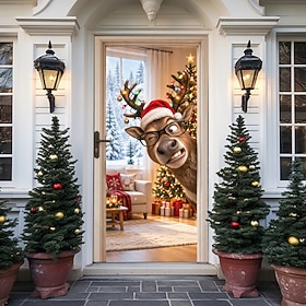 Christmas Front Door Cover, 3D Optical Illusion Santa Claus Entering Cozy Christmas Home, Festive Indoor Scene, Outdoor Porch Entryway Door Decorations, Holida
