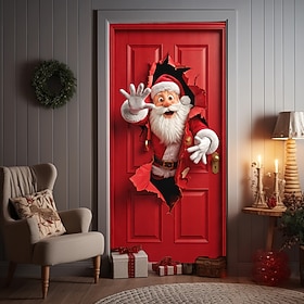 Christmas Front Door Cover, 3D Optical Illusion Santa Claus Peeking Through Red Door, Funny Christmas Character Door Banner, Outdoor Porch Entryway Holiday Dec