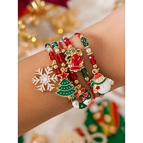Women's Christmas Charm Bracelet Set, Red Green Beaded Bracelets with Christmas Tree Snowflake Bell  Santa Charms, Festive Holiday Jewelry for Christmas Partie