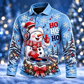 Christmas Men's Santa Claus Snowman Polo Long Sleeve Polo Shirts Collared Shirts Lapel Casual Daily Wear Festival Wear Buttons Winter Spring   Fall Blue Blue 1