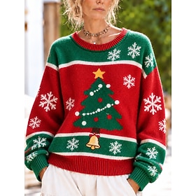 Women's Sweater Pullover Vacation Vintage Daily Graphic Geometric Christmas Tree Ribbed Crew Neck Knitted Print Long Sleeve Long Tops Knit Outdoor Weekend Whit