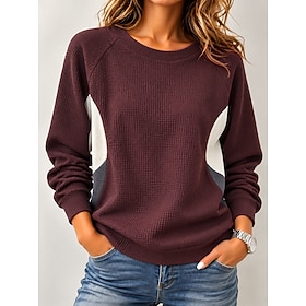 Women's Waffle T-shirt Texture Blouse Knit Top Patchwork Color Block Plain Elegant Fashion Long Sleeve Crew Neck Moisture Wicking Regular Tops Casual Daily Spo
