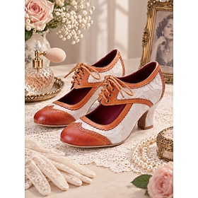 Women's Brown 1930s-Inspired Two-Tone Mary Jane Heels with Cowhide Leather Accents, Embroidered Panels, Scalloped Brogue Trim  Lace-Up Design for Vintage Outfi