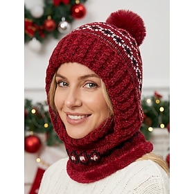 Women's Fleece-Lined Knit Balaclava Hat Scarf Mask Set, Warm Winter Hooded Neck Warmer in Multiple Colors for Christmas, Snowy Outdoor Wear, Travel and Daily U