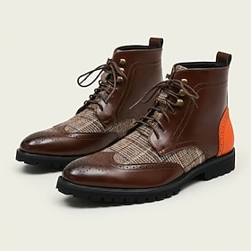 Men's Plaid Panel Ankle Boots Lace-Up Casual Boots with Brogue Toe Detail and Rugged Sole, Vintage Modern Style for Travel, Weekend Outings, Parties and Everyd