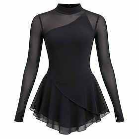 Figure Skating Dress Women's Ice Skating Dress Black Patchwork Asymmetric Hem Stretchy Training Competition Skating Wear Classic Long Sleeve Ice Skating Figure