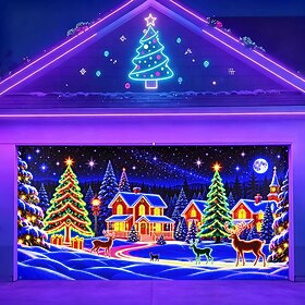 Blacklight Christmas Garage Door Cover, UV Reactive Fluorescent Christmas Village Print Garage Door Banner, Winter Snowy Houses and Christmas Trees Backdrop fo