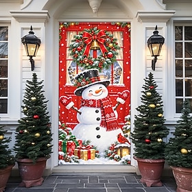 Christmas Front Door Cover, 3D Optical Illusion Snowman with Christmas Wreath and Red Door Scene, Festive Winter Holiday Door Banner, Outdoor Porch Entryway De
