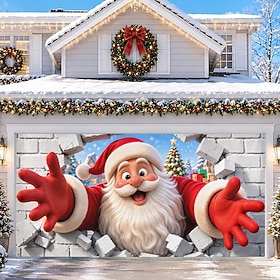 Christmas Garage Door Cover, 3D Optical Illusion Santa Claus Breaking Through Print Garage Door Banner, Funny Santa Peeking Out Holiday Backdrop for Outdoor Ch