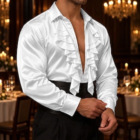 Men's Shirt Satin Shirt Dress Shirt Casual Shirt Button Up Shirt Prom Shirt Plain Party Wedding White Light Blue Black Wine Long Sleeve Deep V Spring All Seaso