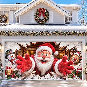 3D Optical Illusion Christmas Garage Door Cover, Santa Claus Breaking Through Wall with Snowman and Reindeer, 3D Wall Breaker Outdoor Holiday Decorations Banne