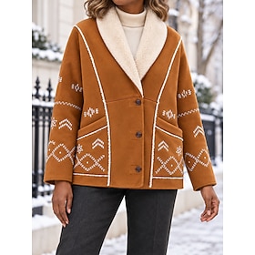 Women's Shearling Jacket Winter Jacket Windproof Warm Embroidered Buttons Elegant Casual Daily Single Breasted Regular Turndown Long Sleeve Outerwear Camel Fal