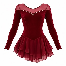 Figure Skating Dress Women's Ice Skating Dress Jacket Burgundy Patchwork Asymmetric Hem Stretchy Training Competition Skating Wear Classic Crystal / Rhinestone