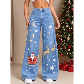 Christmas Women's Jean Denim Cotton Blend Wide Leg Elegant Vacation Vintage Full Length Mid Waist Graphic Geometric Abstract Drawstring Patchwork Printing Comf