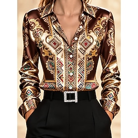 Women's Shirt Buttons Print Geometric Color Block Elegant Vintage Daily Long Sleeve Shirt Collar Regular Tops Casual Daily Work Black Yellow Red Brown Summer S