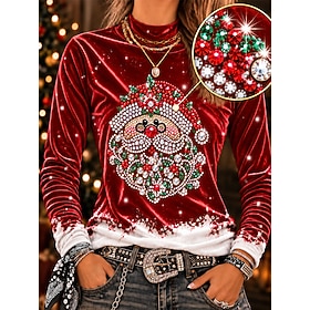 Christmas Women's Tunic Tee Print Rhinestone Ombre Graphic Santa Claus Elegant Vintage Fashion Long Sleeve Turtleneck High Neck Regular Tops Casual Daily Going
