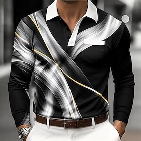 Men's Abstract Polo Shirts Long Sleeve Polo Shirts Lapel Casual Business Casual Business Office Daily Wear 3D Print Buttons Spring  Summer Spring Blue Black Pu